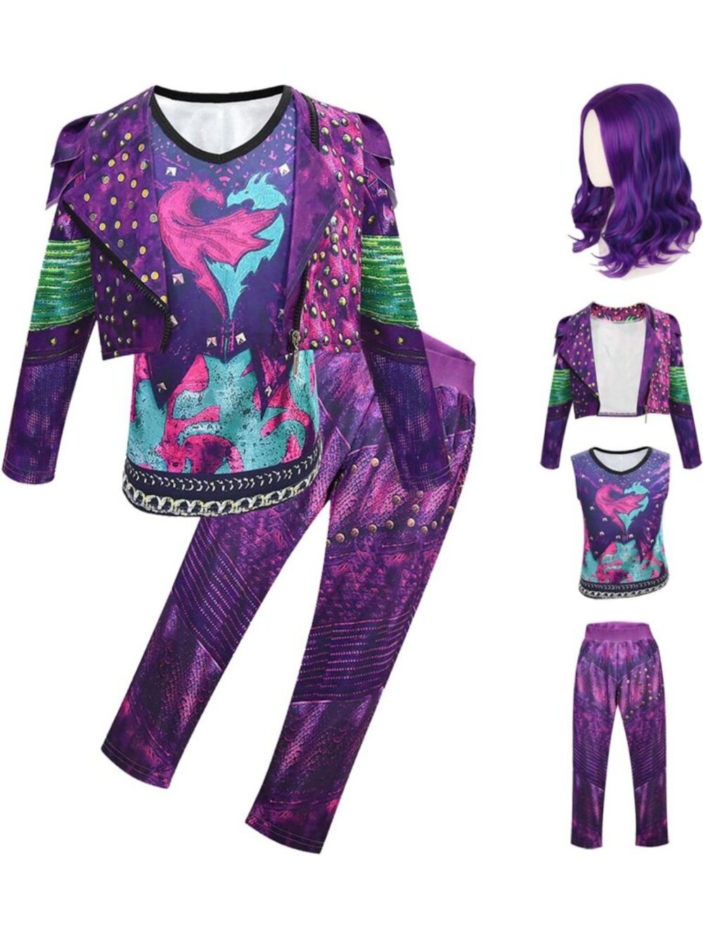 Girls' Mal Costume Set - Jacket, Shirt, Pants & Wig for Halloween Party Cosplay